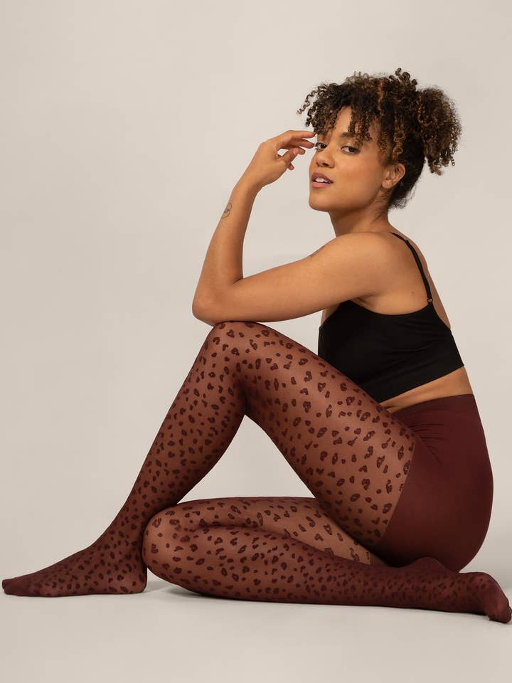 Mini Leopard Smoothing Waistband Tights in Zinfandel for wholesale by Rachel