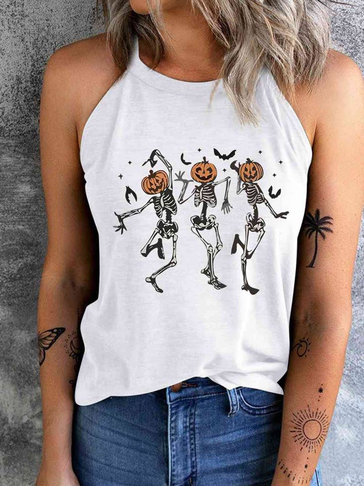 Canotta con grafica a forma di scheletro con scollo rotondo per la vendita all'ingrosso da parte di Fashion Quality Boutik