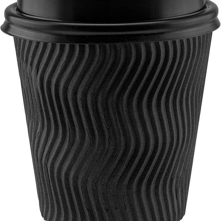 NYHI 100Pc Black Disposable Paper Cups with Black Lids and Straw(8oz) for wholesale by singleware