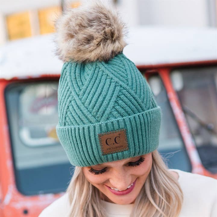 Truly Contagious - Wholesale Beanie - Women's - CC Criss-Cross Suede Patch Beanie ( HAT-2060 )