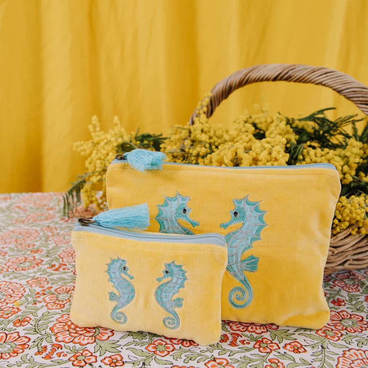 Pink Lemons Ltd - Wholesale Pouch - Women's - Velvet Seahorse Pouch - Yellow & Turquoise0