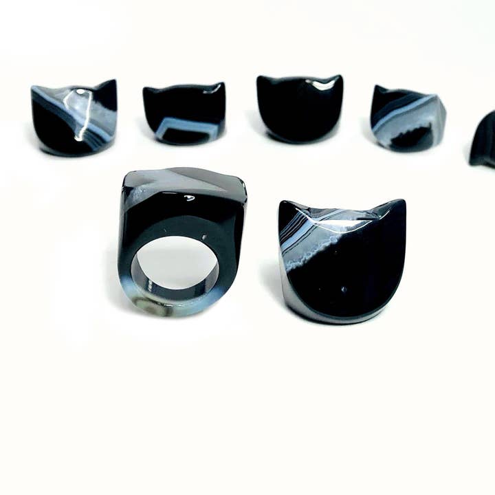 Rock Paradise - Wholesale Cocktail/statement ring - Crystal Black Agate Cat Polished Rings - Halloween1