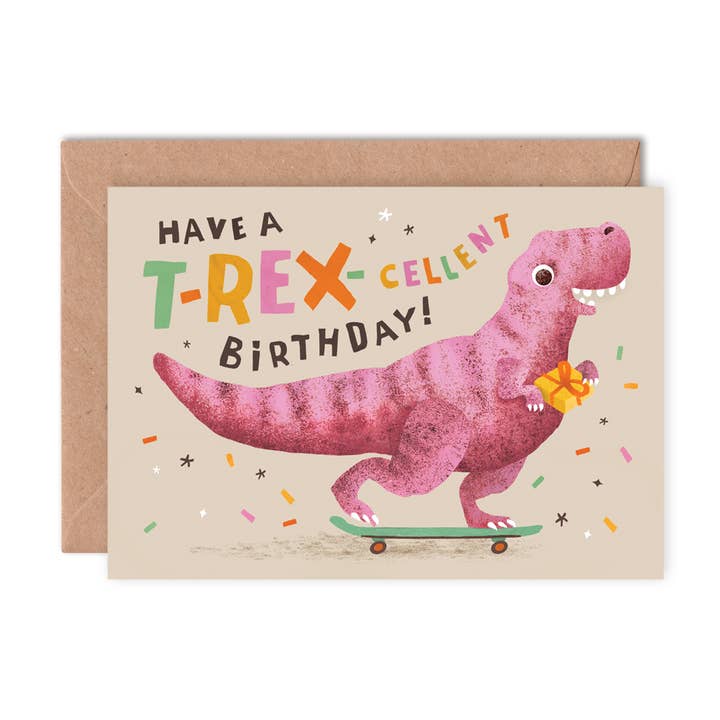 Emily Nash Illustration Greeting Cards – wholesale Birthday card – T-Rex-cellent Birthday Card | Funny Dinosaur Kid's Card0