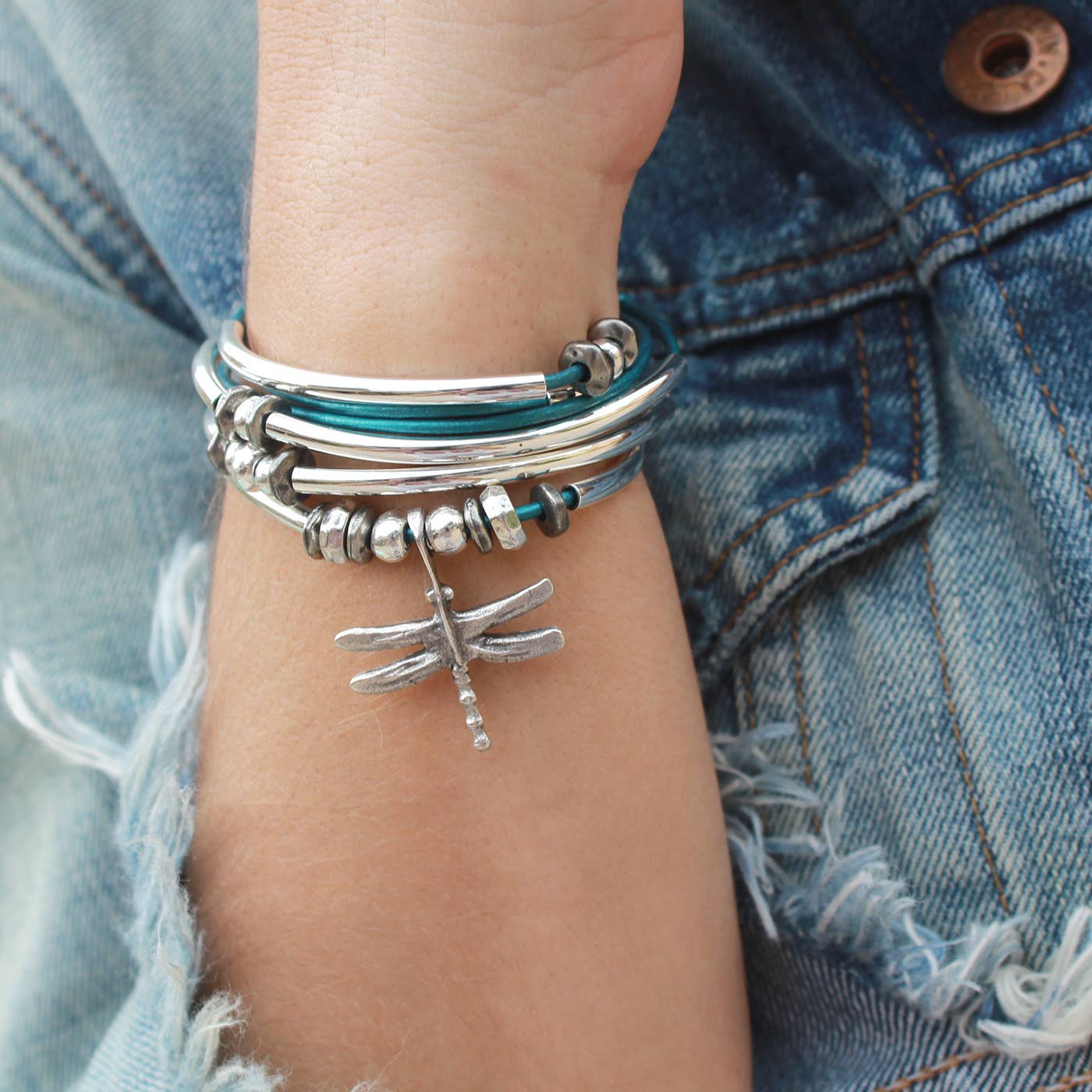 Lizzy James - Wholesale Beaded Bracelet - Women's Dragonfly Wrap Bracelet-Necklace - Metallic Teal - S1