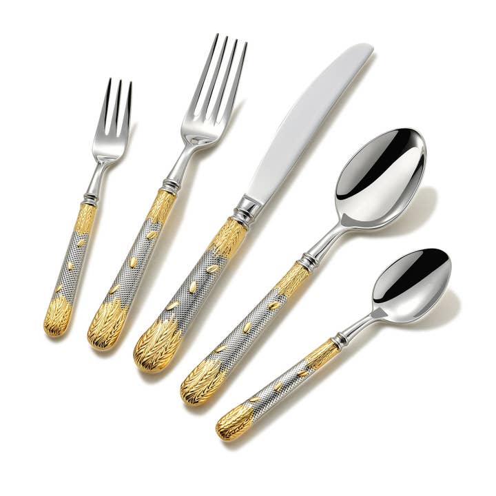 Chateau Gold 5 Piece Flatware Set, Stainless Steel 18/10 with High Mirror Polish and Gold Ascent Handle, Dishwasher Safe for wholesale by Klaus Meyer