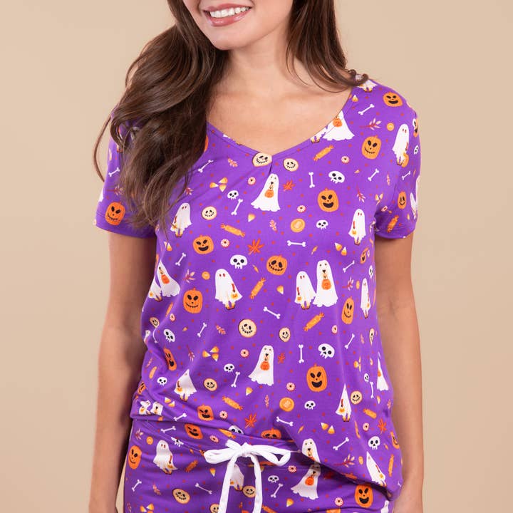 Trick-or-Treat Pups Pajama Top | Purple Halloween Dog PJs for wholesale by Amanda Blu