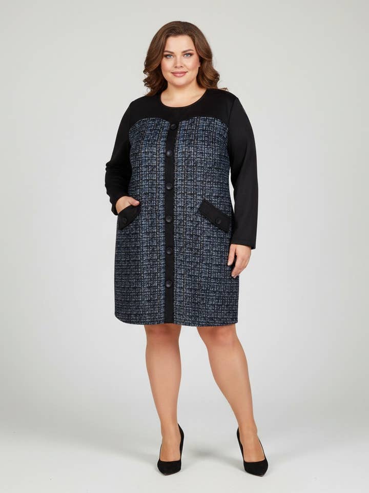 Abito in camoscio taglia grande stampato blu (C6159) per la vendita all'ingrosso da parte di Pomme Rouge Paris