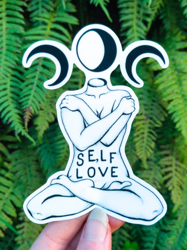 Self Love - Vinylaufkleber mit Hexen-Affirmation und Yoga-Göttinnen-Motiv für den Großhandel von Crafted from Scratch