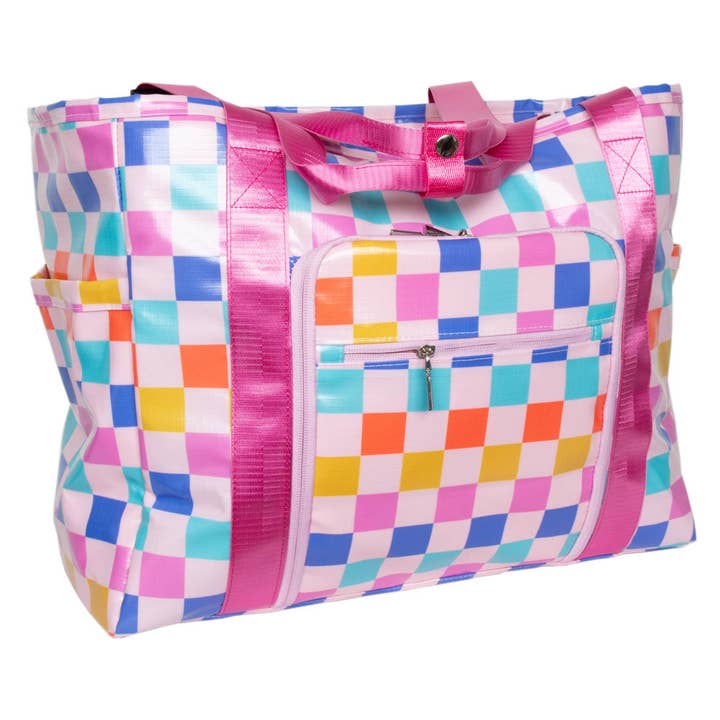 Multi Checker Multicolored Checkered Oversized Foldable Tote for wholesale on Faire