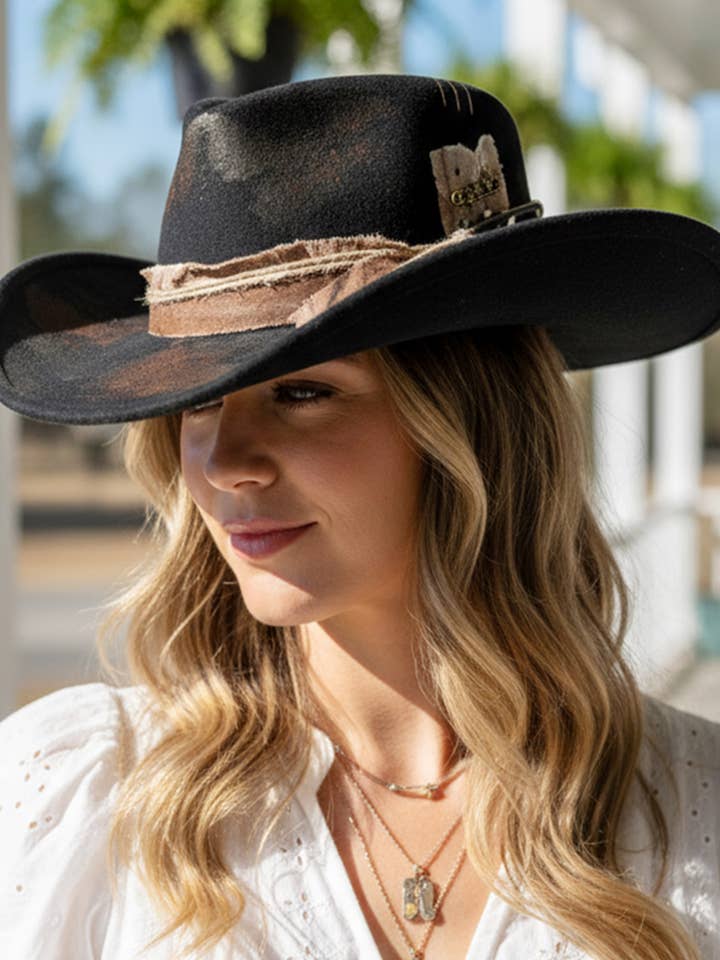 Distressed Fabric Band Rustic Cowgirl Fedora Hat for wholesale by Hana