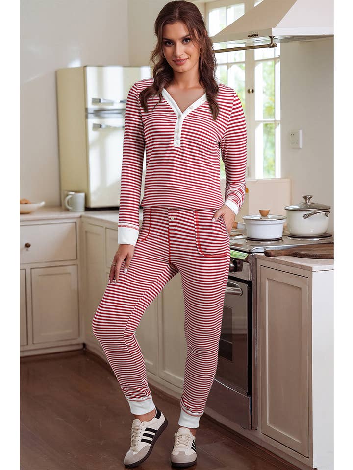 Red Stripe Buttoned V Neck Top Knotted Waist Pants Lounge Set for wholesale on Faire