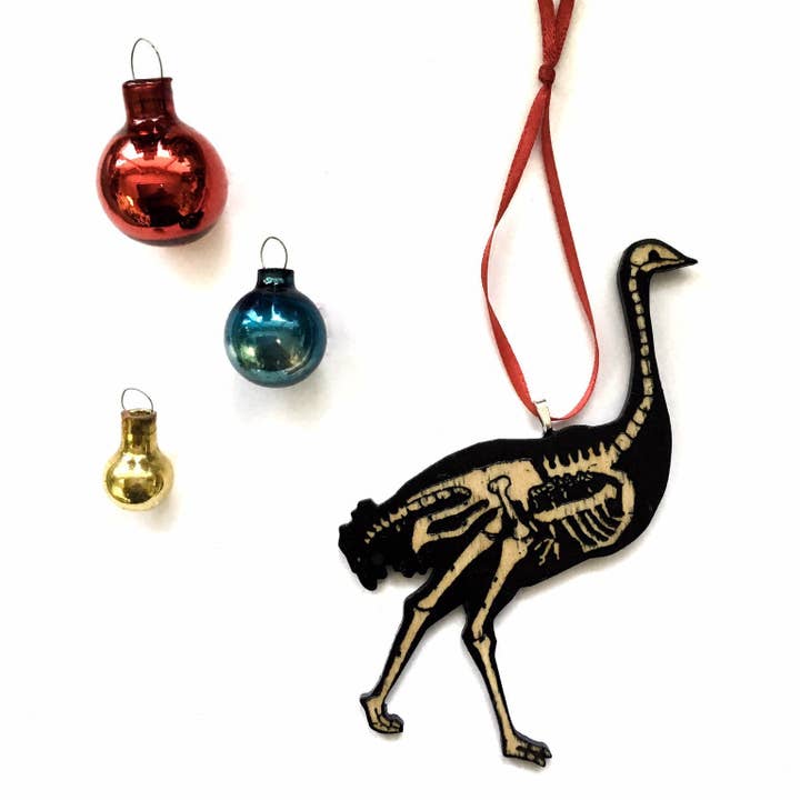 Ornamento de esqueleto de pássaro de avestruz - corte a laser e madeira gravada por atacado de Toad Hill Farm