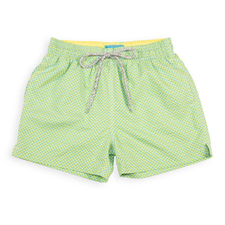 Kid's Wave Print Swim Trunk With Cyclist Liner Aqua/Yellow for wholesale by Let's Get This Thread