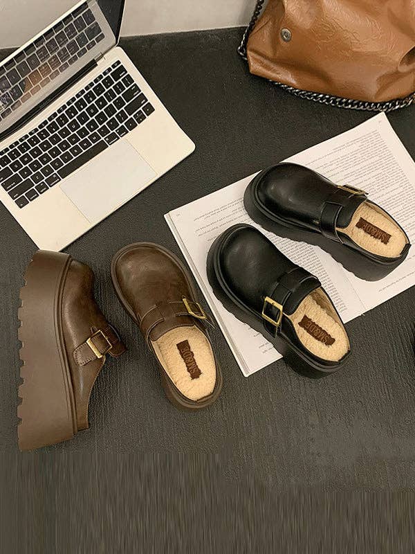 VividLux - Wholesale Loafers - Women's - Belt Buckle Round-Toe Split-Joint Loafers Platform Shoes Slippers&Mules18