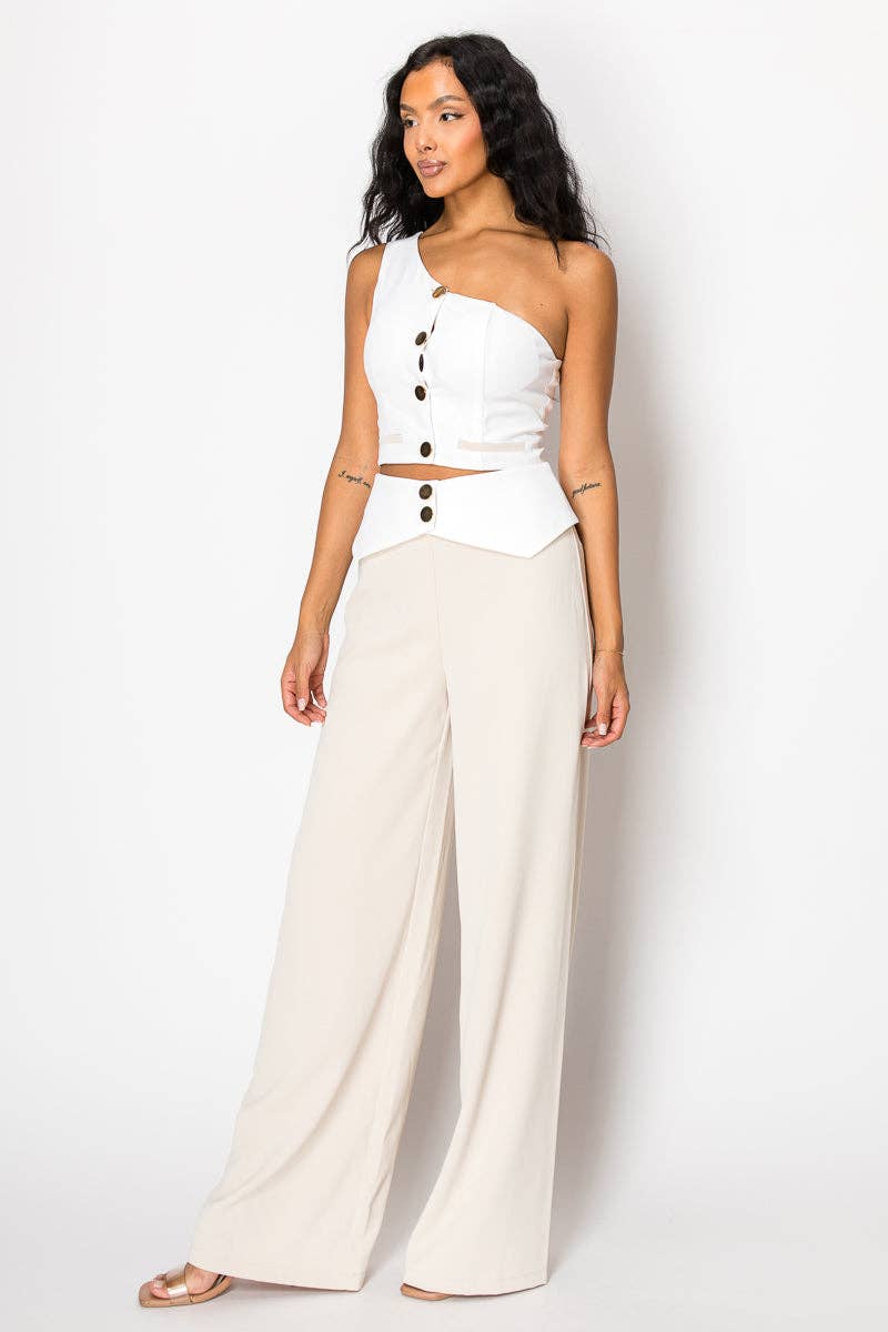 Beige Contrast Wide Pant Set With One Shoulder Top for wholesale on Faire2