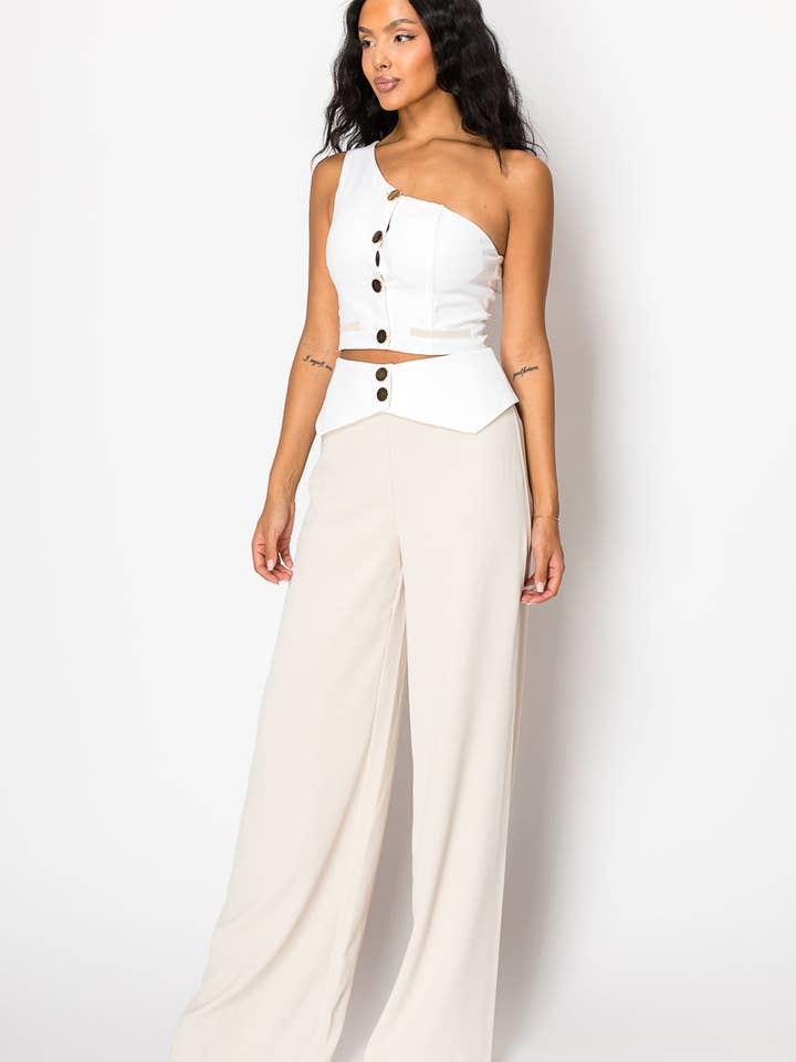 Beige Contrast Wide Pant Set With One Shoulder Top for wholesale on Faire2