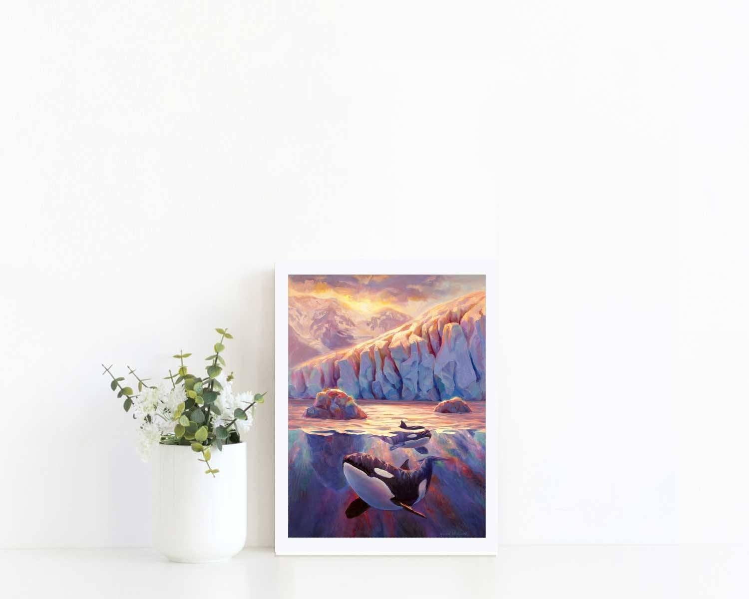 Whitworth Gallery - Wholesale Art Print - Orca Sunrise - Killer Whale Painting With Alaska Glacier1