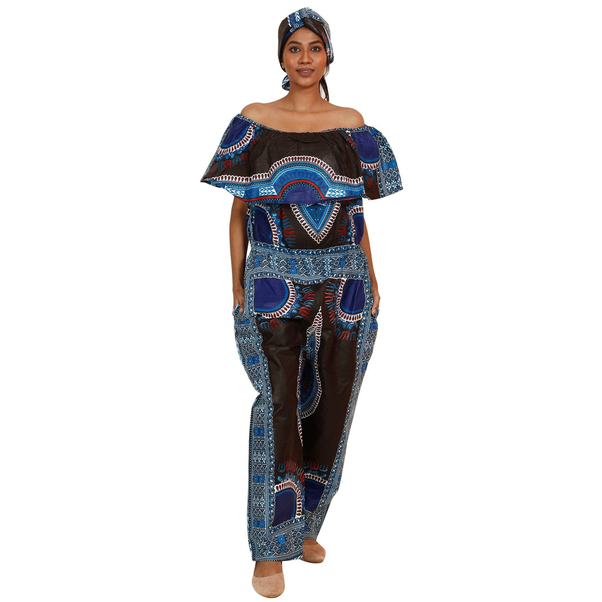 African Stars - Wholesale Jumpsuit - Women's - Women's Dashiki Off Shoulder Frill Jumpsuit -- FI-3061D1