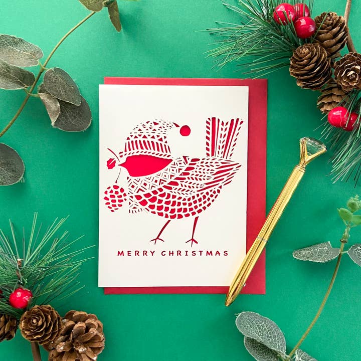 Chubby robin Christmas card, Cute Christmas holiday card for wholesale by Chow's Stories