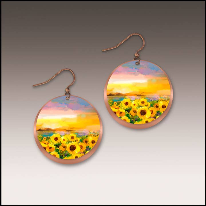 Sunflower Field Copper Halo Disc Earrings for wholesale by Illustrated Light & DC Designs