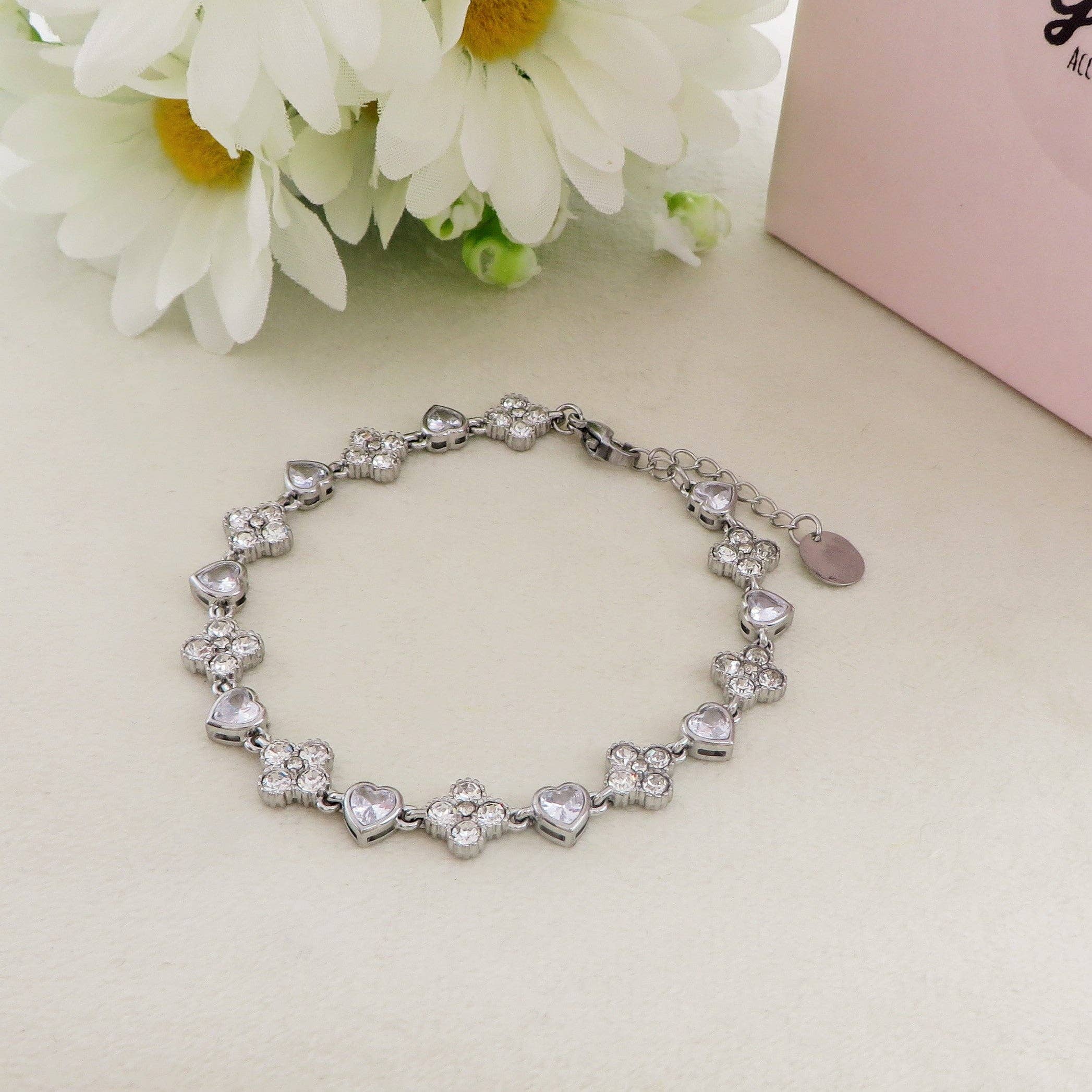 Daemon srls – wholesale Tennis bracelet – CASSIA HEARTS ~ACCIAIO INOSSIDABILE - bracciale tennis quadrifogli  e CUORI con cubic zirconia1