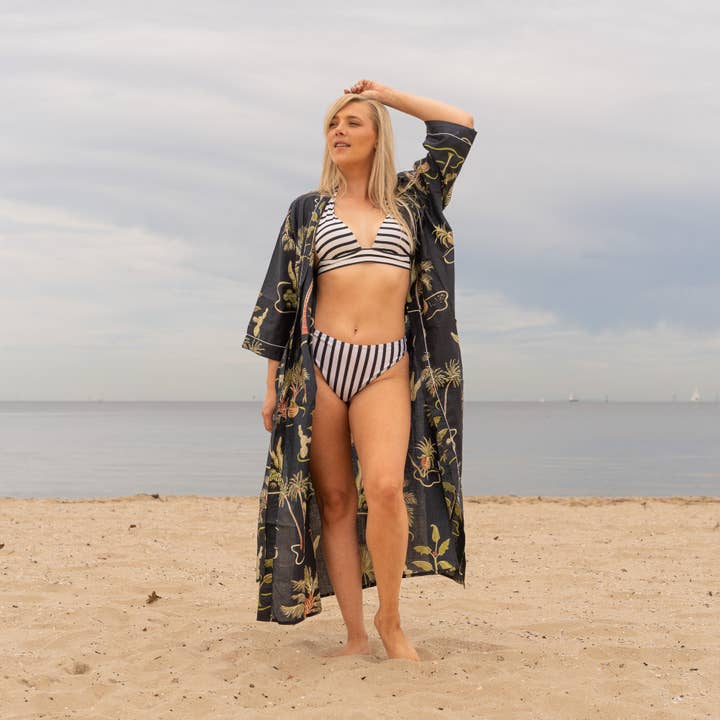 Boho-Eclectica - Wholesale Robe – Women's - Women's Cotton Kimono Robe - Tropical Black1