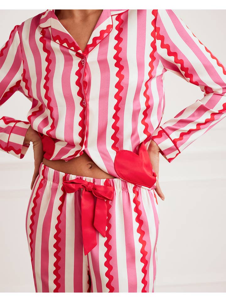 Pink Satin Heart Pocket Striped Long Pyjama Set for wholesale on Faire3