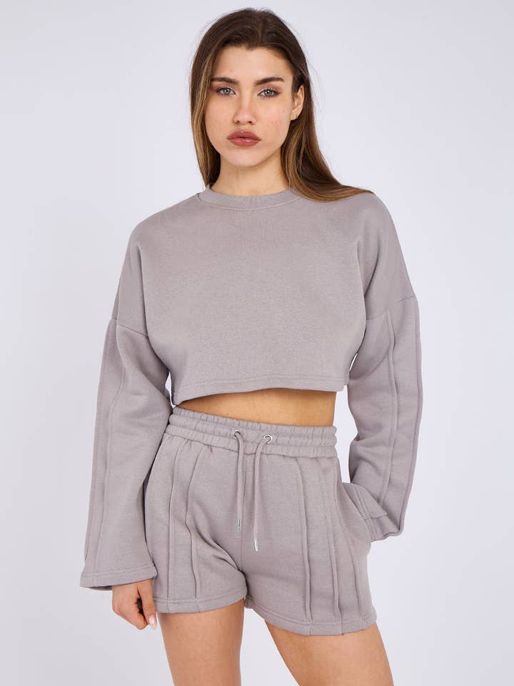 AX Labels - Wholesale Lounge Set - Women's - Seam Detail Oversized Crop Top & Shorts Fleece Co-ord44