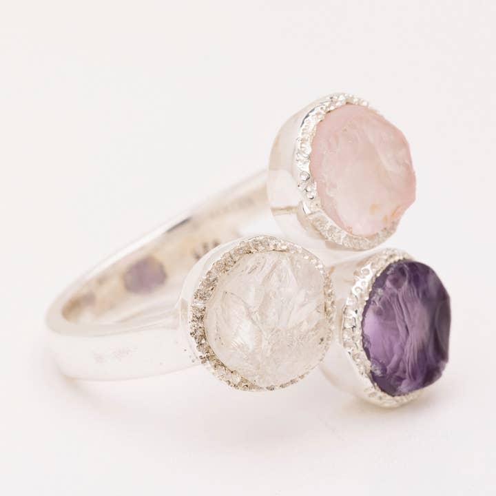 Bague en améthyste brute, quartz rose et pierre de lune -Tri pour la vente par Koko