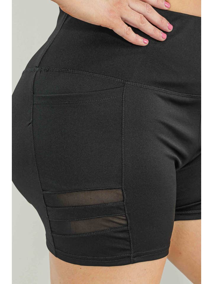 Nero Pantaloncini da motociclista a vita alta Plus Size con tasche laterali in rete in vendita all'ingrosso su Faire6