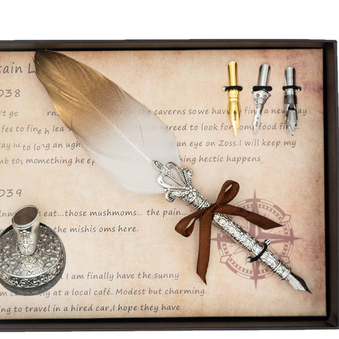 Quill Pen Gift Set With Pen,Stand&3Nibs-White&Gold for wholesale by Mad Witch Ltd