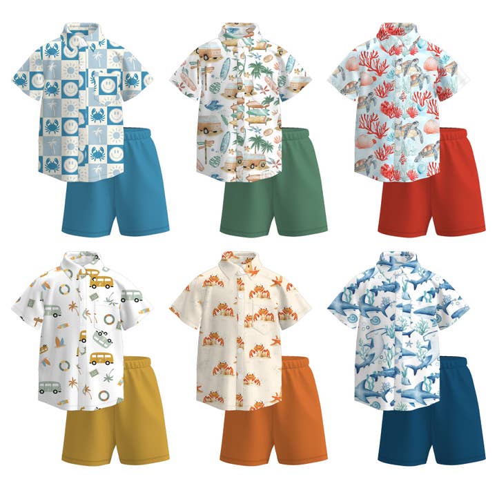 Auraquise - Wholesale Top & Short Set - Kids - Boys Summer Sea Crab Bus Polo Shirt Short Set