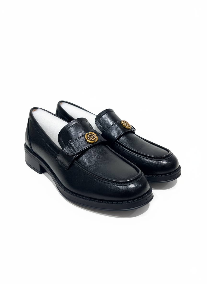 Black Loafer Shoe French Camellia Buckle British Style for wholesale on Faire0