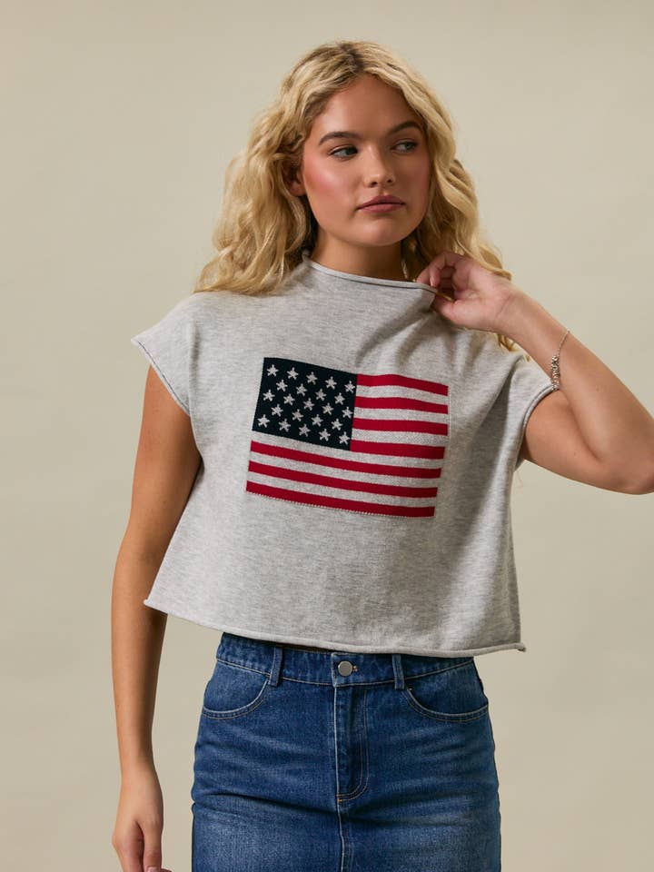 DROP SHOULDER MOCK NECK "USA FLAG" GRAPHIC SWEATER for wholesale by LE LIS