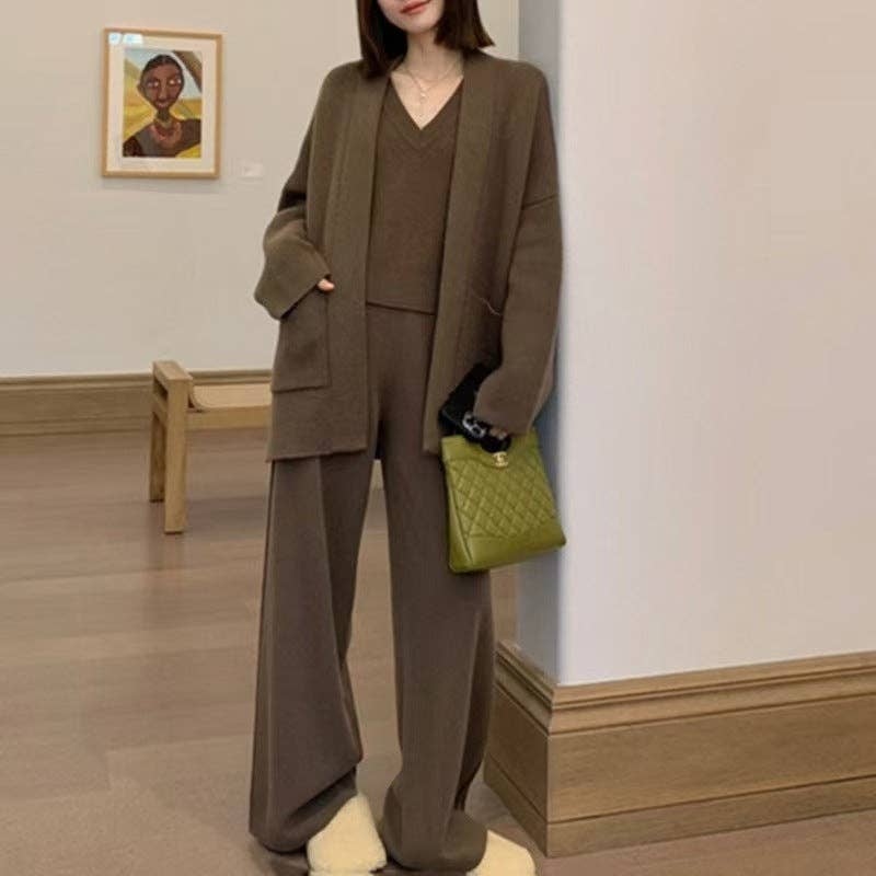 Marayn - Wholesale Top & Pant Set (NOT Loungewear) - Women's - Luxury AutumnWinter Knit Set Chic Sweater VNeck Wide Pants4