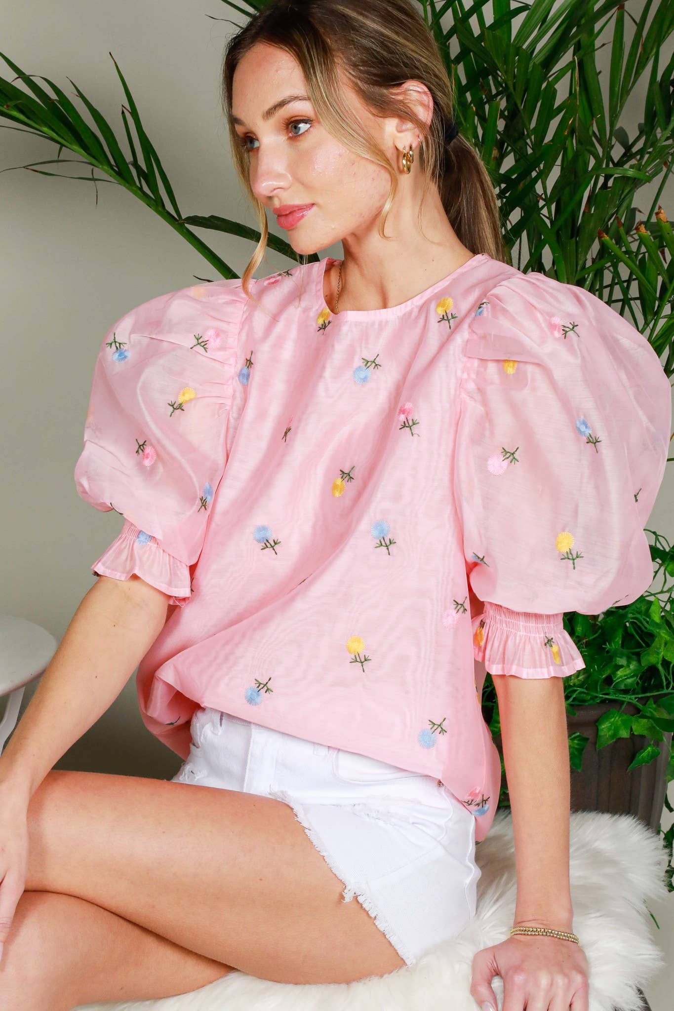 Vine & Love - Wholesale Blouse - Women's - Floral Embroidered Round Neck Organza Blouse Top VT82255-10