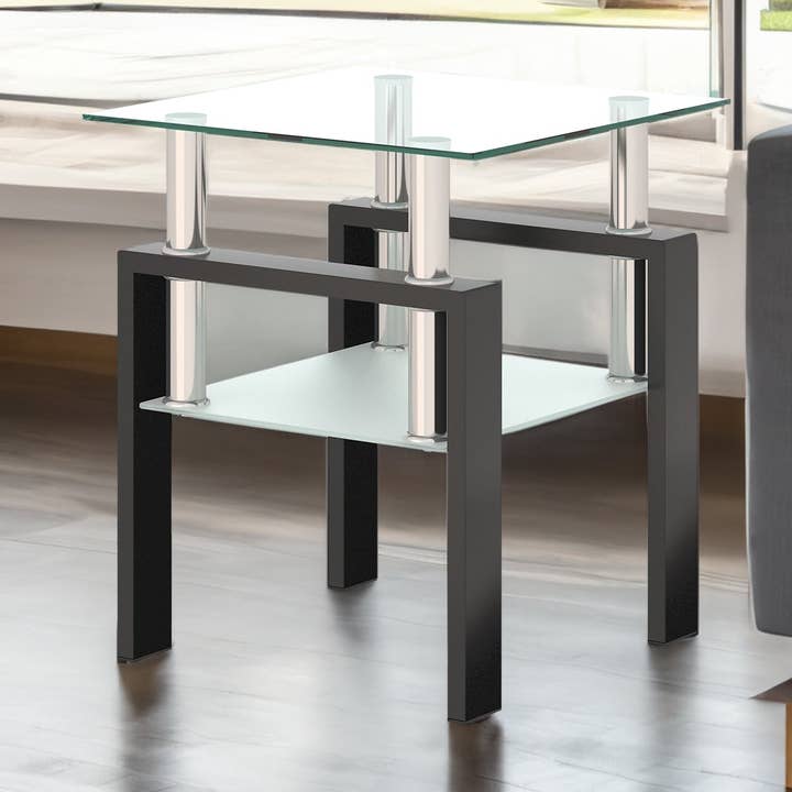 1-Piece Modern Tempered Glass Tea Table Coffee Table End Table, Square Table for Living Room, Transparent/Black for wholesale by American Smart