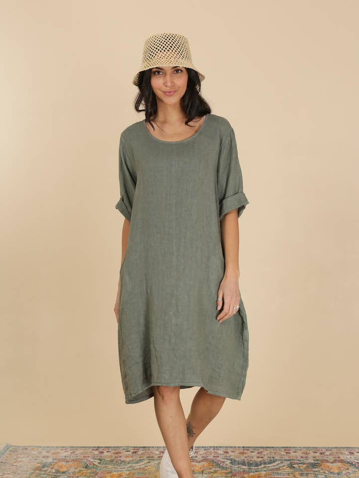 Round neck dress in 100% linen 6761 for wholesale by la maison des fibres naturelles