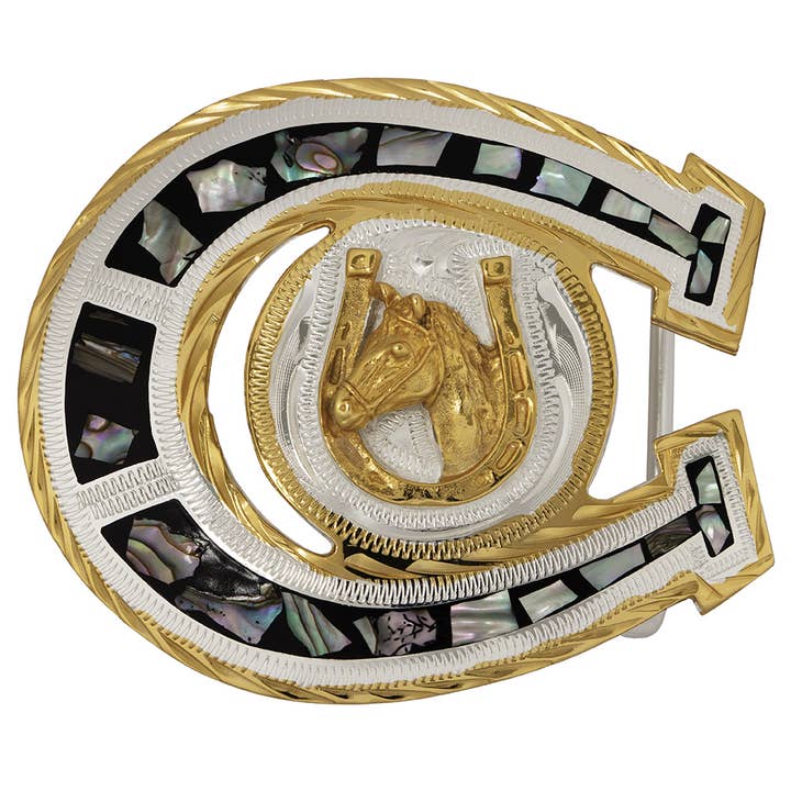 Boucle de ceinture en argent allemand avec fer à cheval doré et ormeau pour la vente par Western Express