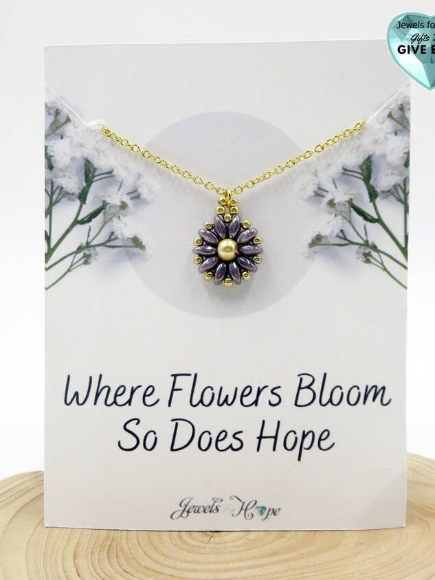 Purple Flower Necklace, Spring Pendant, Floral Jewelry for wholesale by Jewels For Hope