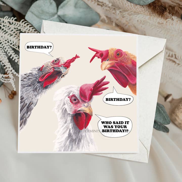 Funny Angry Chickens Birthday Greetings Card | Funny Card for wholesale by Gemini's Fine Art Studio