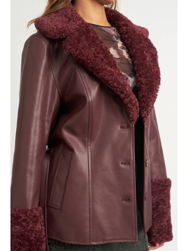 BURGUNDY BELTED FAUX SHEARING TRIMMED JACKET for wholesale on Faire