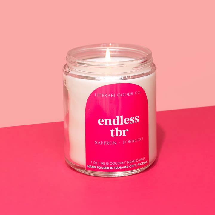 Bookish Pink Label Coconut Wax Candle - Endless TBR - Gift for wholesale by Literari Goods, Co | Book Themed Candles + Gifts