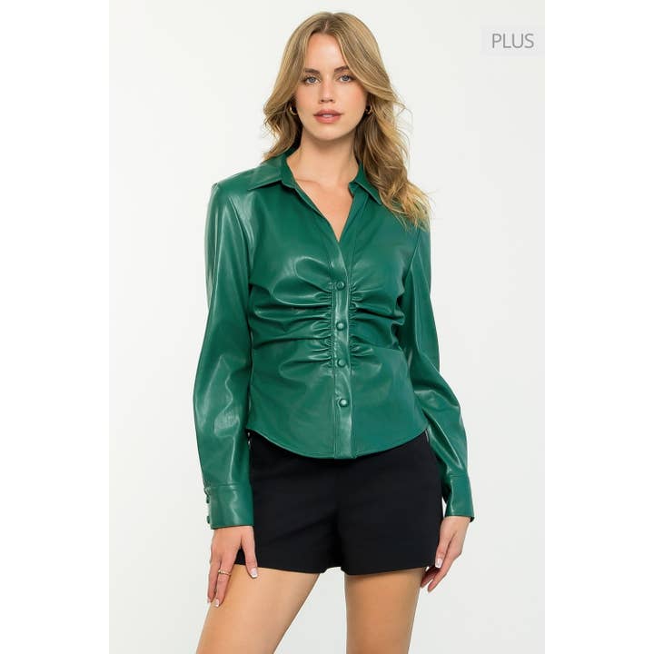 GREEN /Size XL/ Leather Button Up Long Sleeve Top for wholesale on Faire