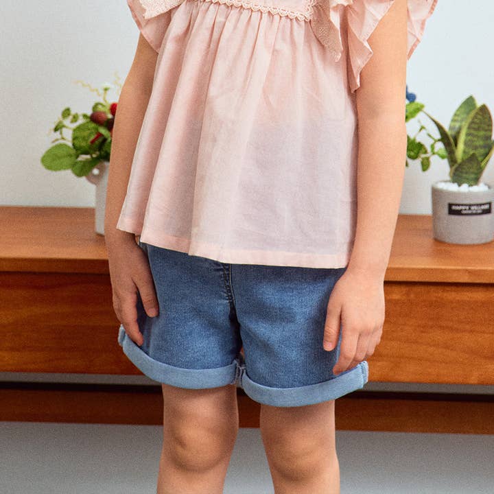 ToTo Heros - Wholesale Shorts - Kids - Ella High-Waist Roll-Up Hem Pull-On Summer Denim Shorts4