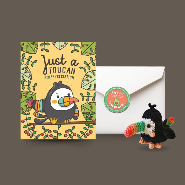Dankeskarte und Tukan-Häkelanleitung für den Großhandel von The Kindness Company