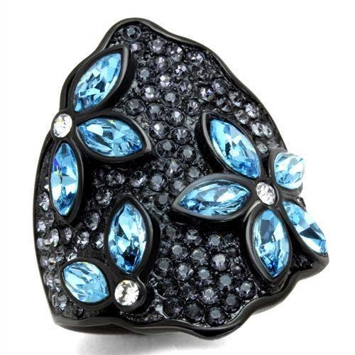 TK1834 - IP Black(Ion Plating) Stainless Steel Ring with Top Grade Crystal in Sea Blue for wholesale by Alamode