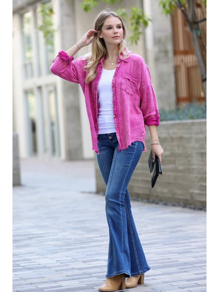 42POPS - Wholesale Button Down Shirt - Women's - ",,,,._ MINERAL WASHED DOUBLE GAUZE BUTTON DOWN SHIRT