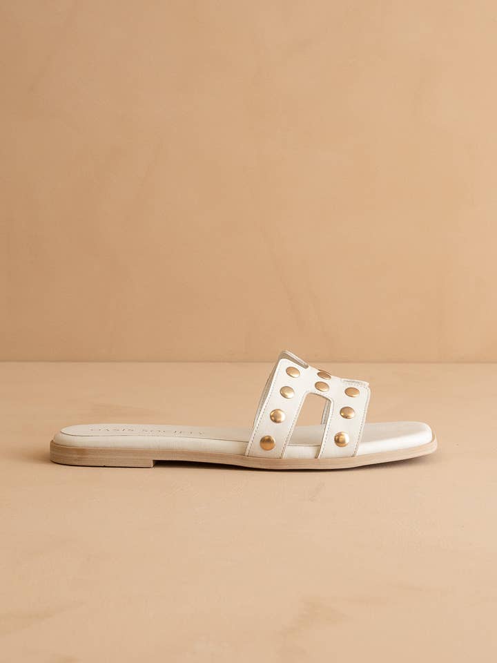The Evelynne | White Studded H Band Slides for wholesale on Faire1