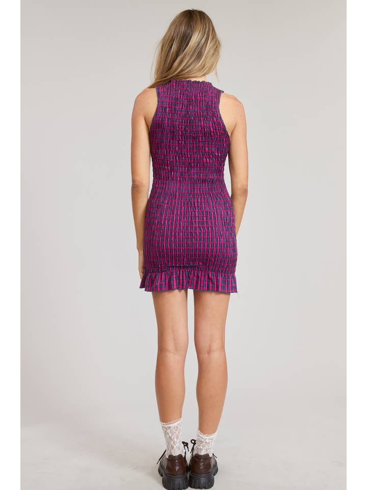 Mimosa - Wholesale Dress - Women's - Smocked Plaid Mini Dress with Ruffle Hem